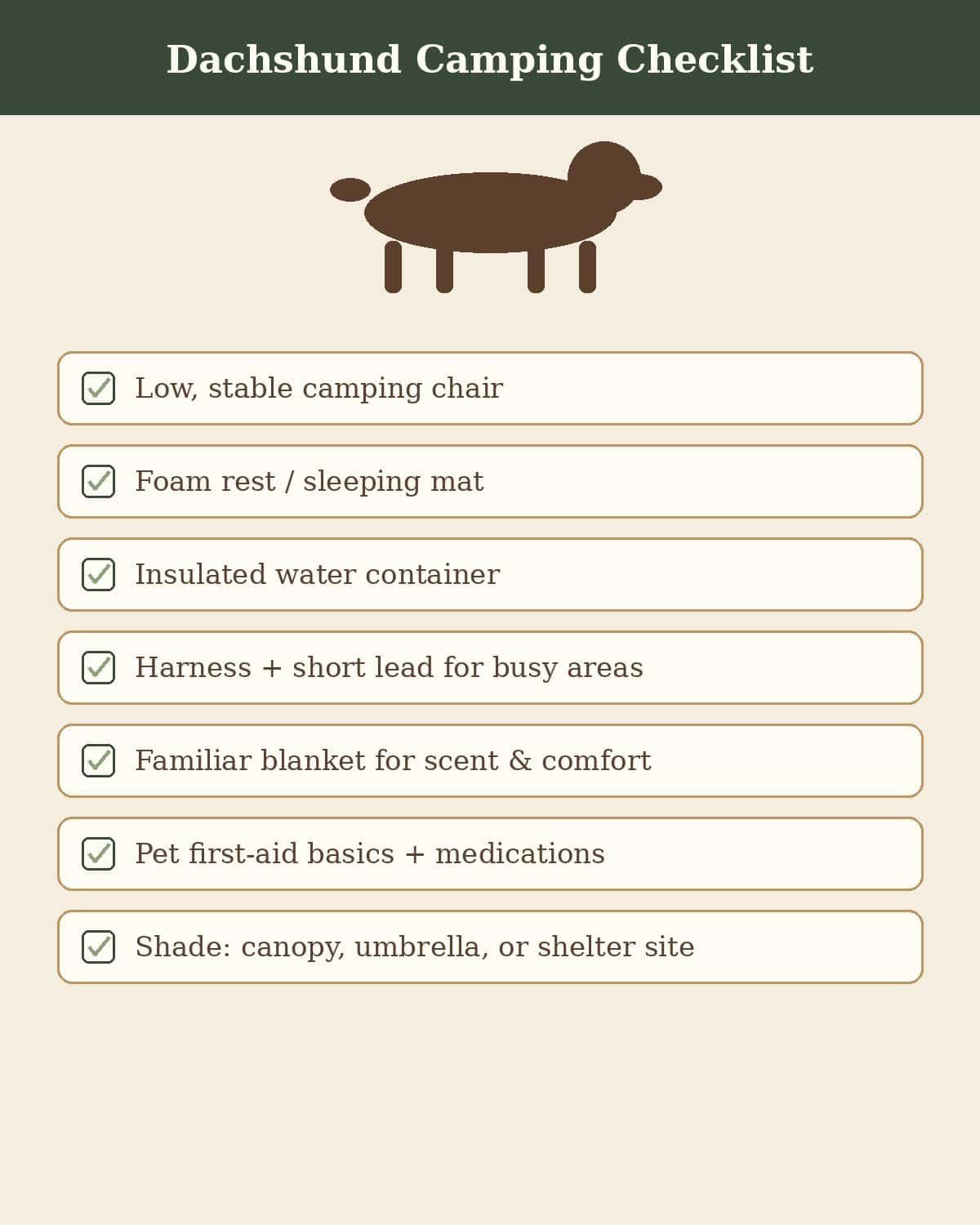 Illustrated checklist of camping gear for a dachshund, including a low chair, mat, water, and harness