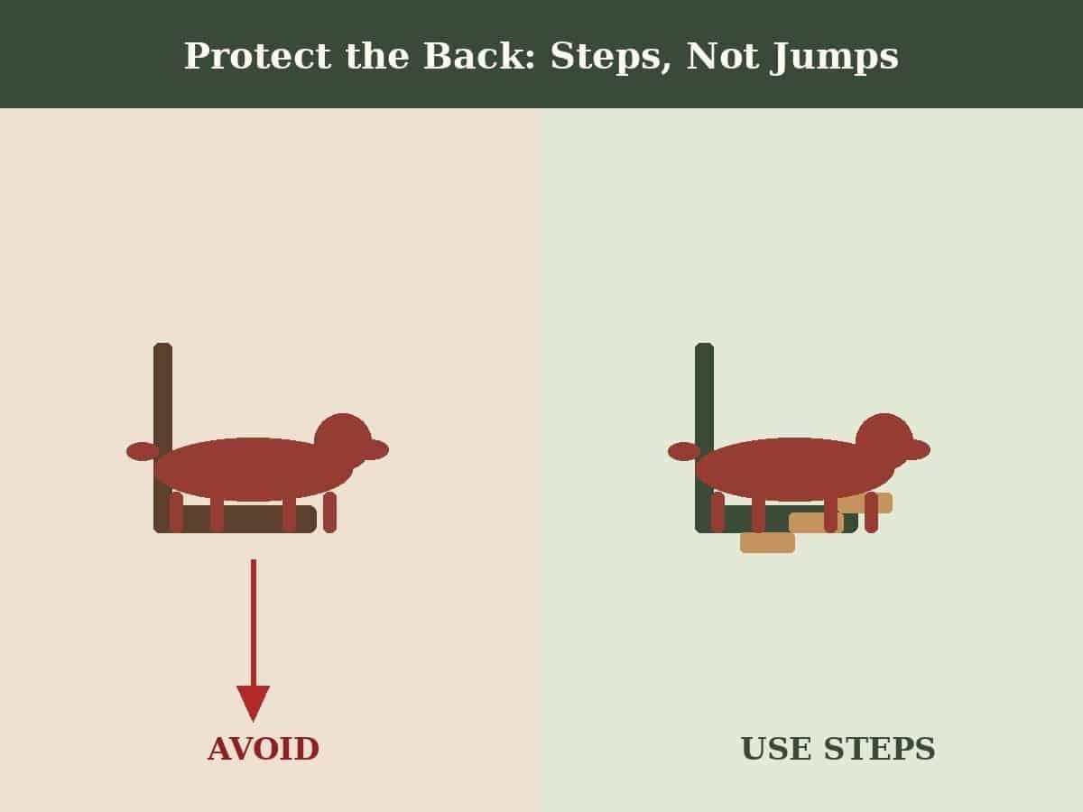 Diagram comparing a dachshund jumping off a chair versus using steps to protect its back