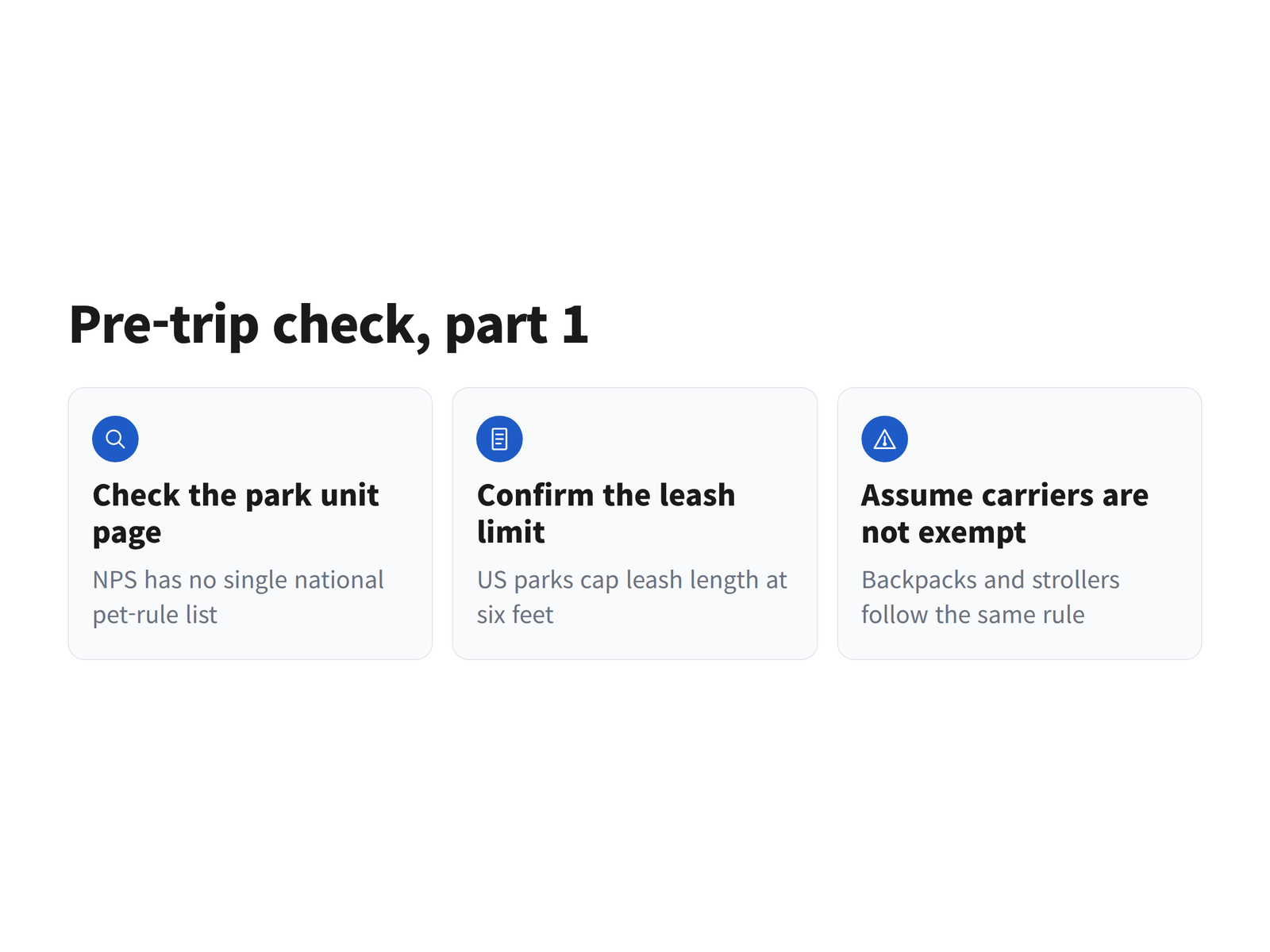 The first three steps of a pre-trip checklist for confirming national park pet rules before a fall camping trip with a small dog