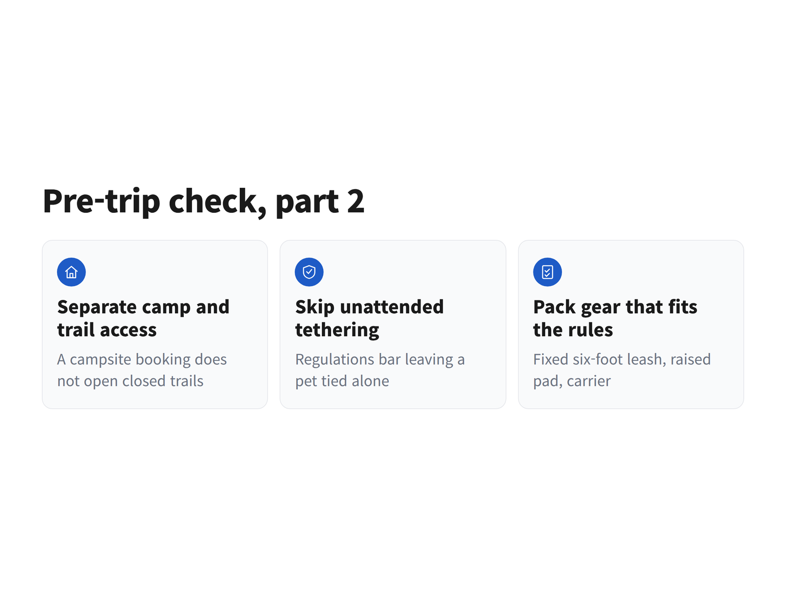 The final three steps of a pre-trip checklist for confirming national park pet rules before a fall camping trip with a small dog