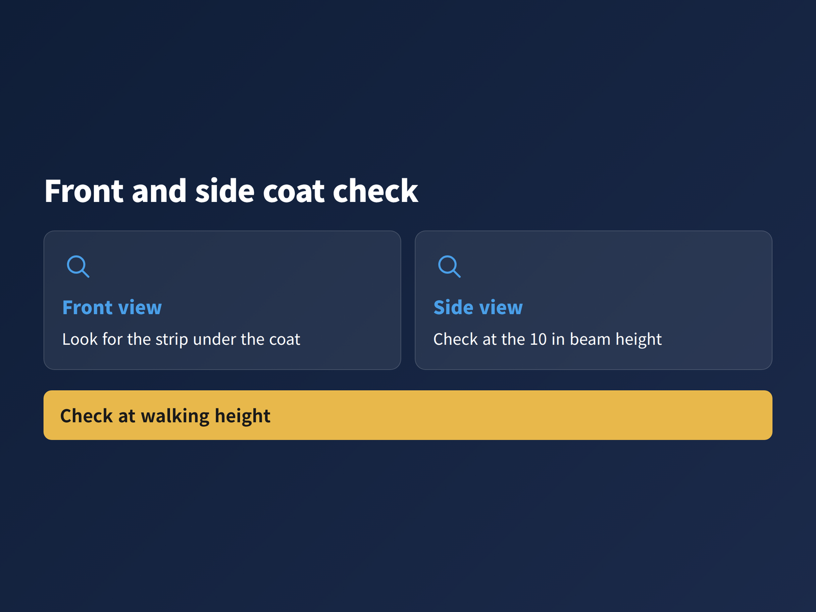image Card graphic prompting a front view and a side view check for a reflective collar strip hidden under a small dog's coat, captioned "Check at walking height"