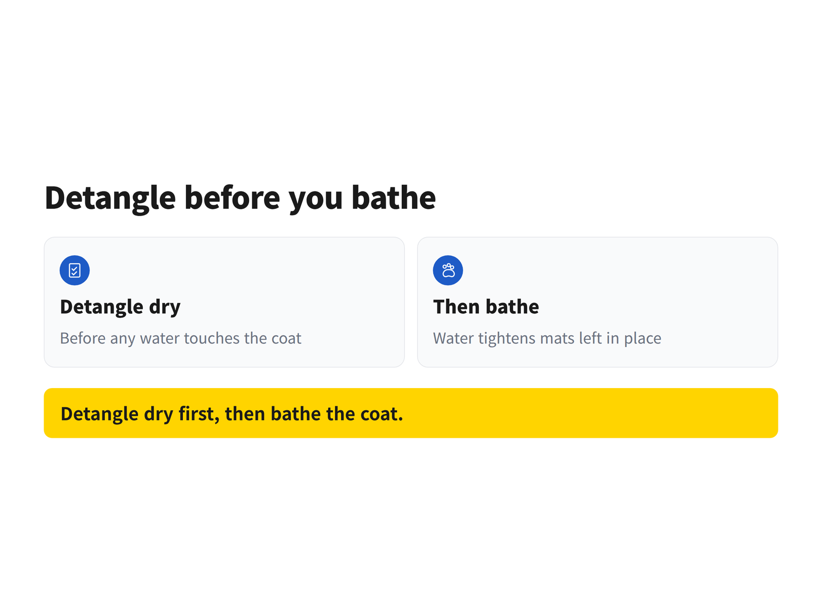 image A two-step graphic showing detangling before bathing a matted small dog