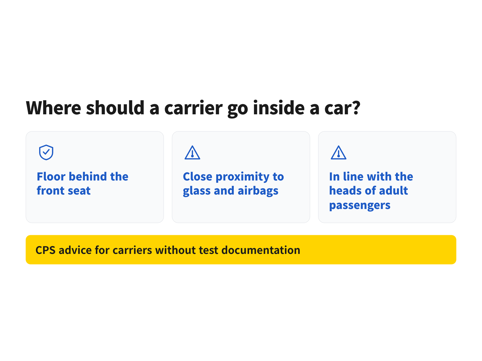 image A car interior diagram showing a small dog carrier placed on the floor behind the front passenger seat