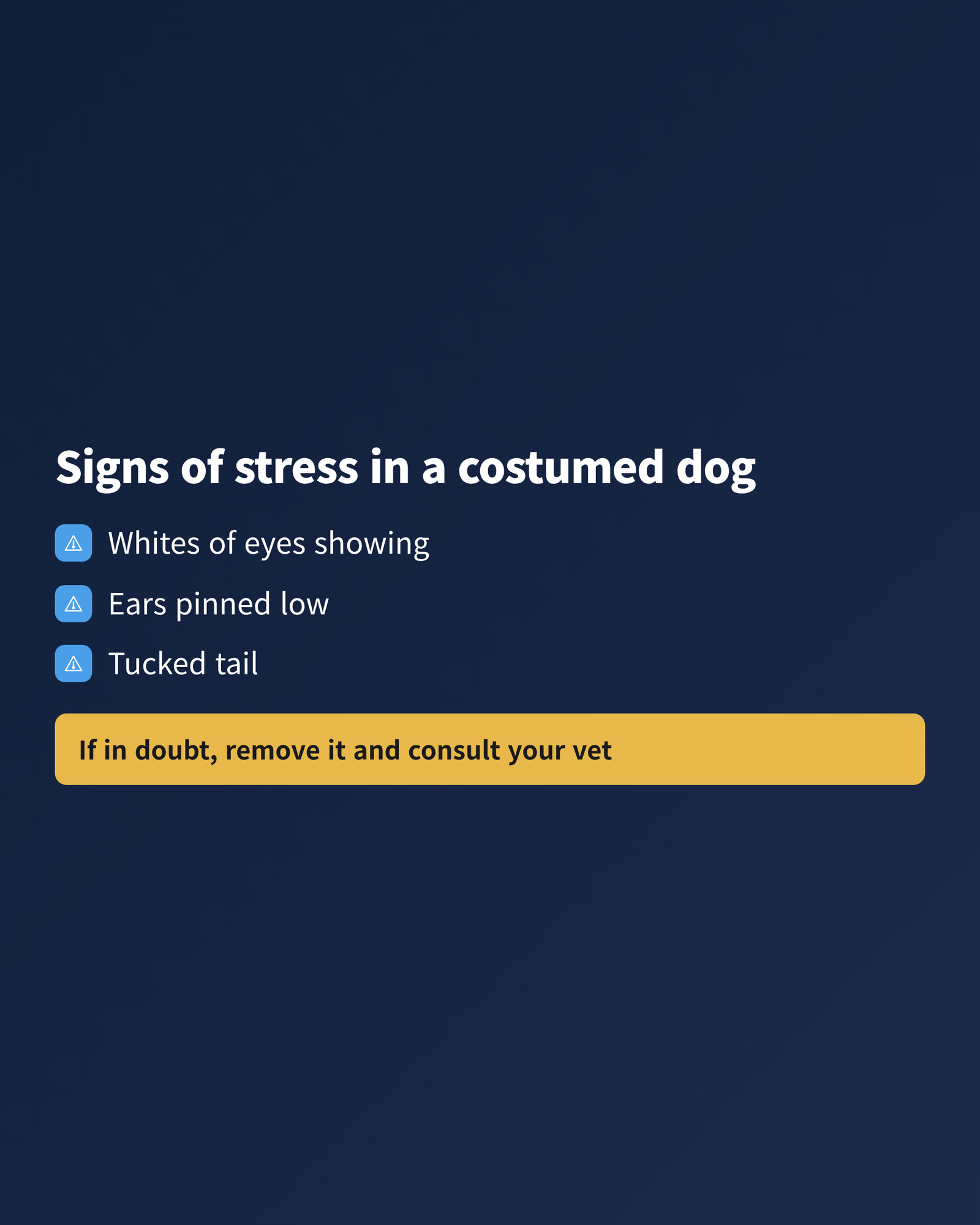 image Checklist of three stress signs in a costumed dog: whites of eyes showing, ears pinned low, tucked tail