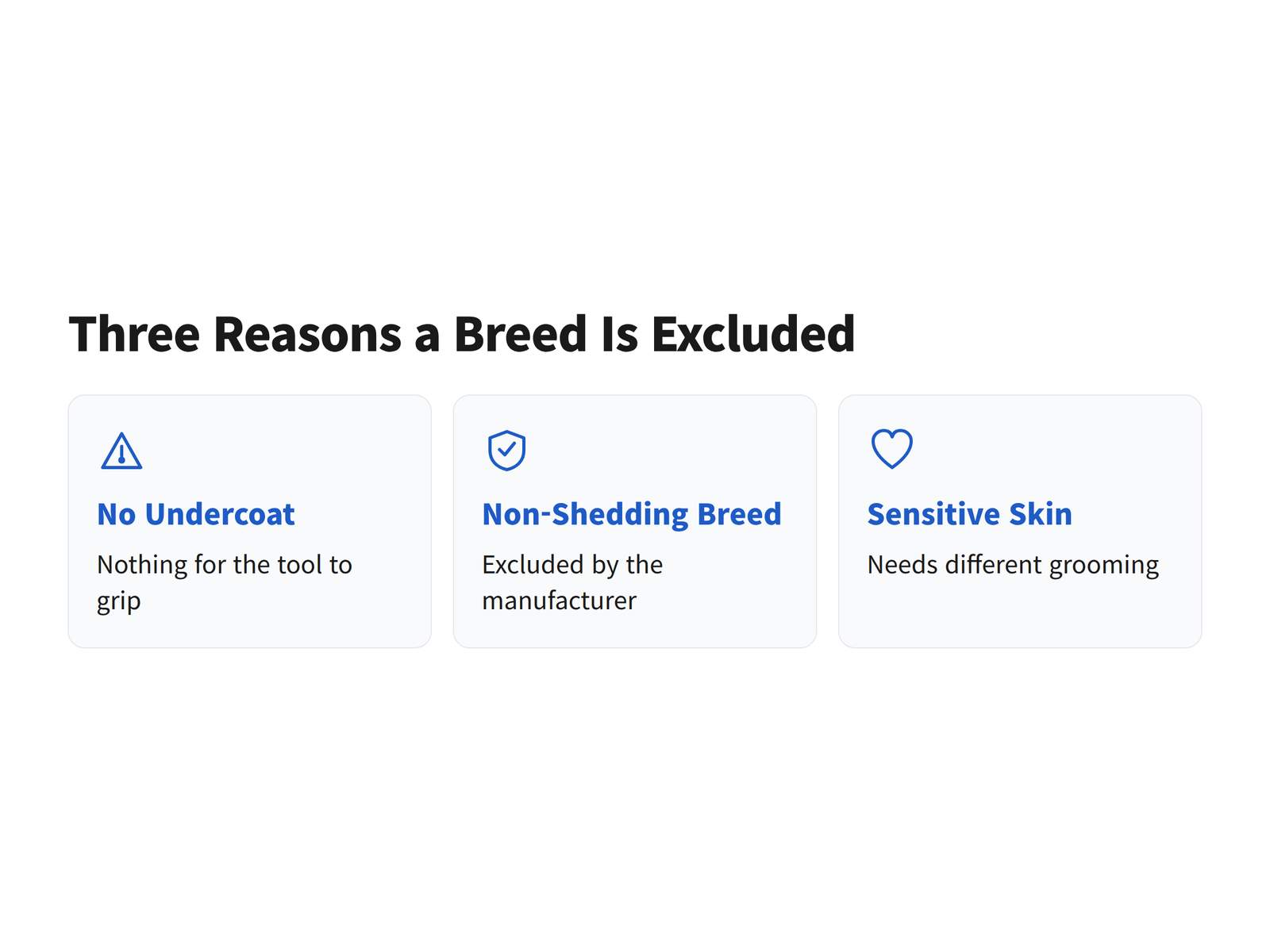 image Three cards listing the manufacturer conditions for not using an undercoat deshedding tool, covering no undercoat, non-shedding breeds and sensitive skin