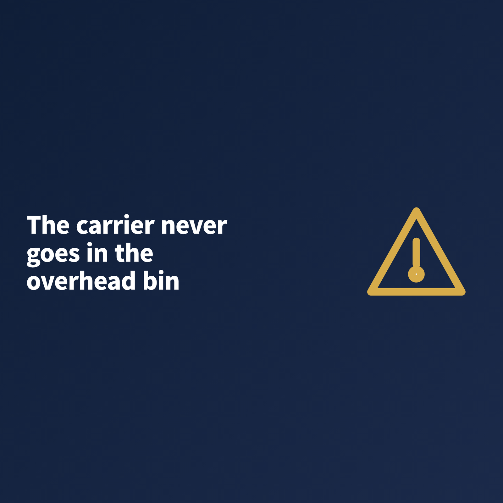 image A banner statement that a pet carrier is never allowed in the overhead bin during a flight
