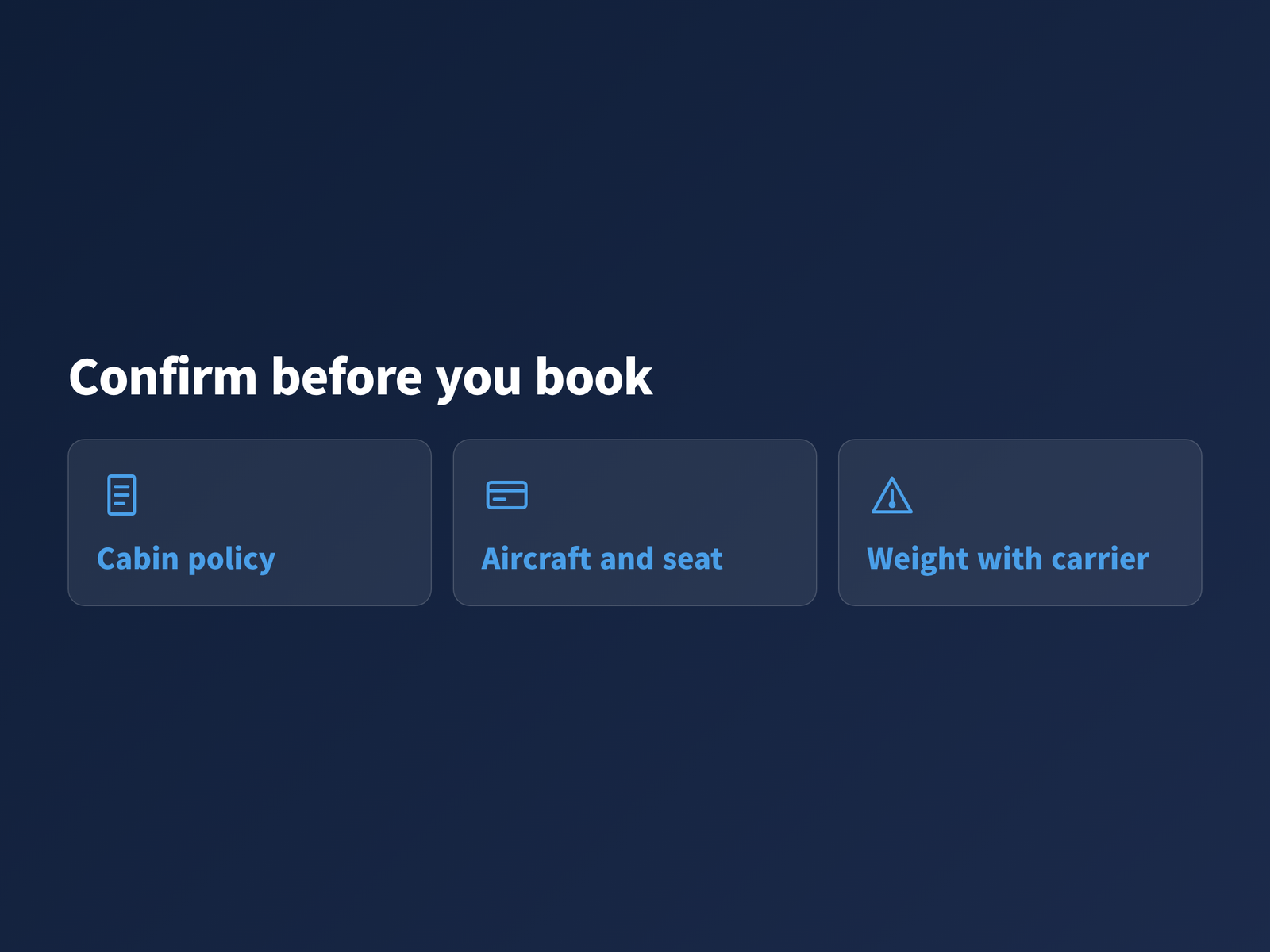 image Three cards summarising the pre-booking checks for flying with a small dog: cabin policy, aircraft and seat, and combined weight
