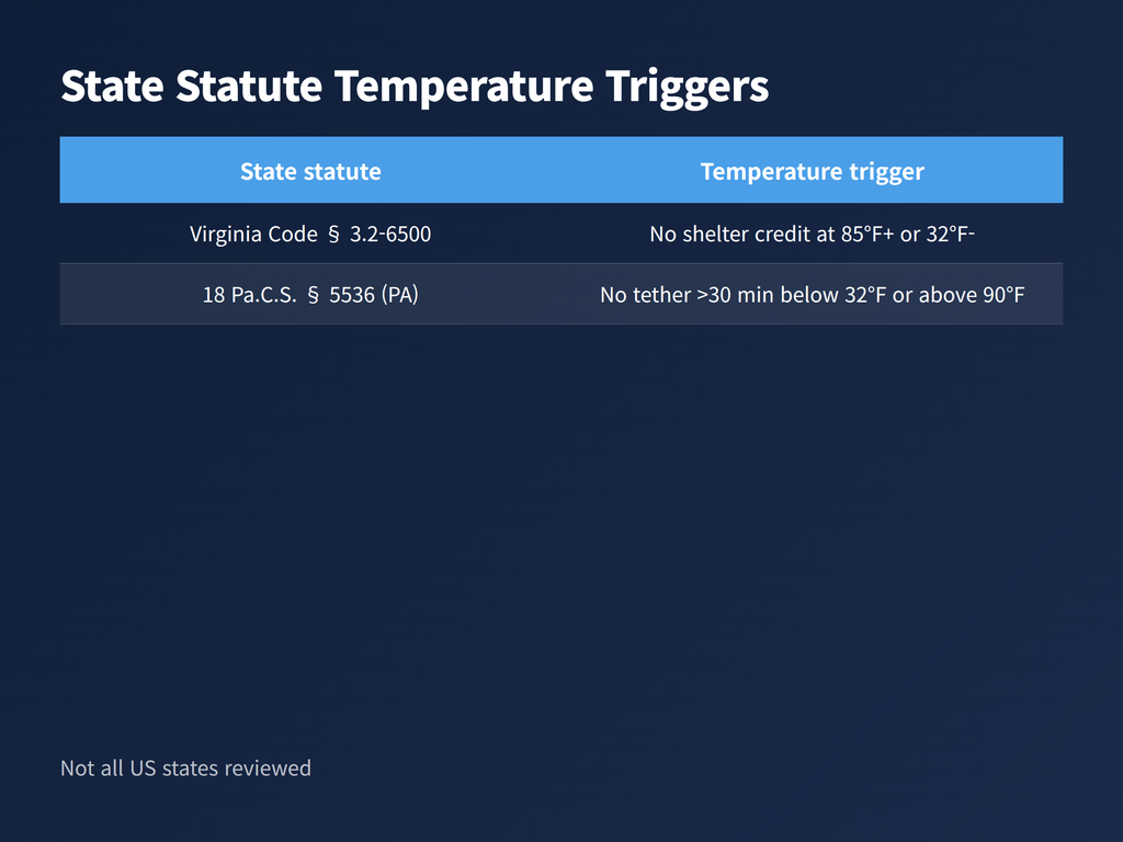A table listing the tethering temperature limits written into two US state animal care statutes
