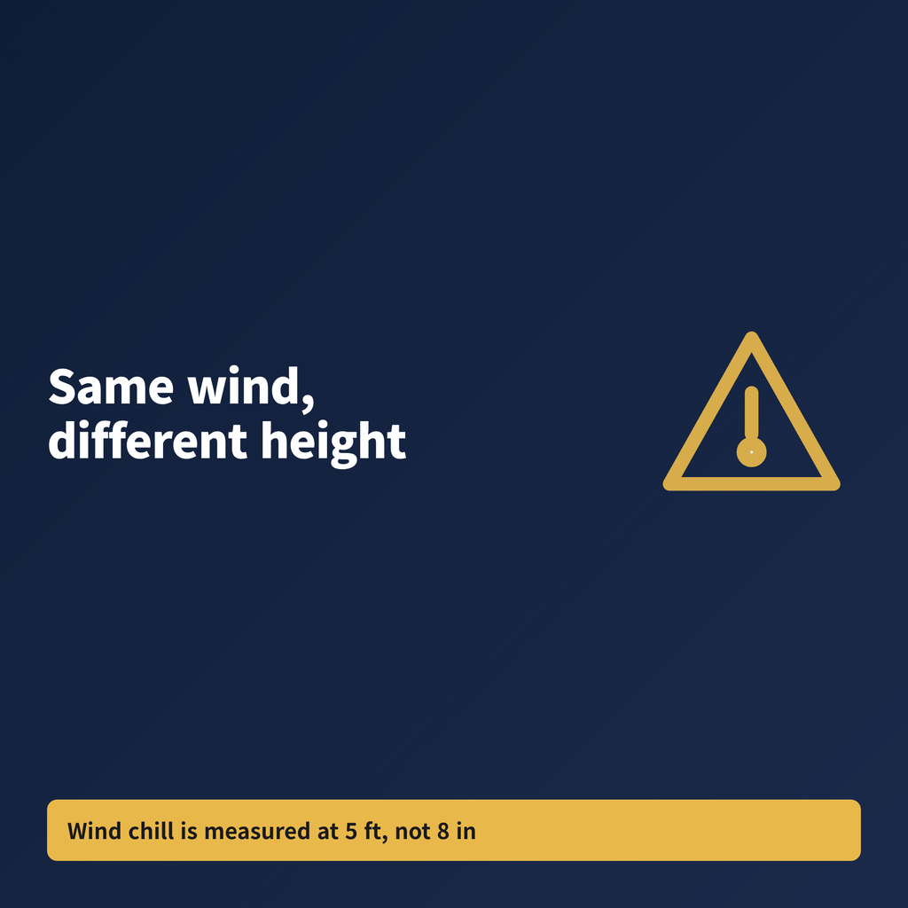 A banner graphic contrasting the five-foot height used for wind chill with the low chest height of a small dog