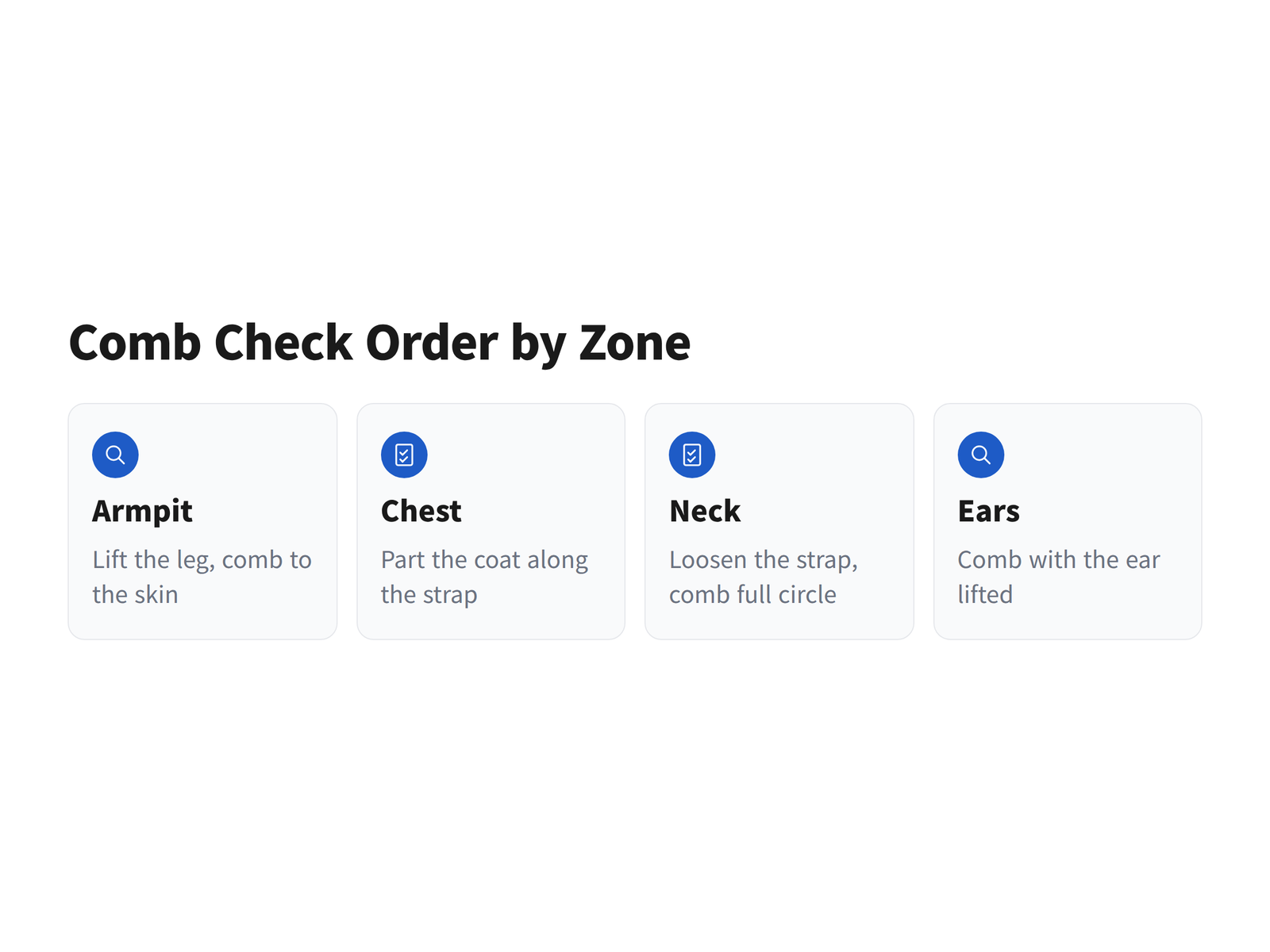 Four-step order for combing the armpit, chest, neck and ear zones on a small dog