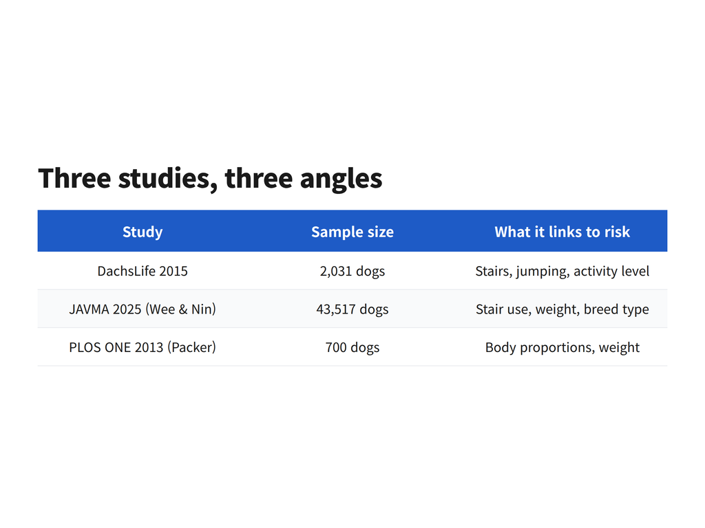 Table comparing how three studies treat stair use, activity, body condition and proportions
