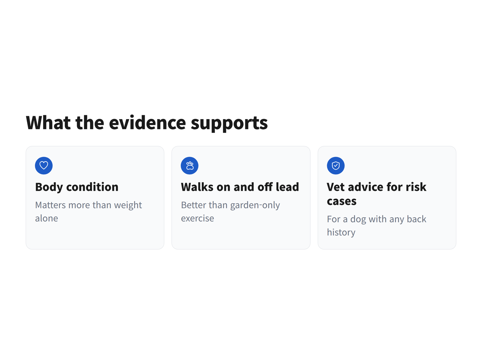 Three-step summary of body condition, daily walks on and off lead, and veterinary advice