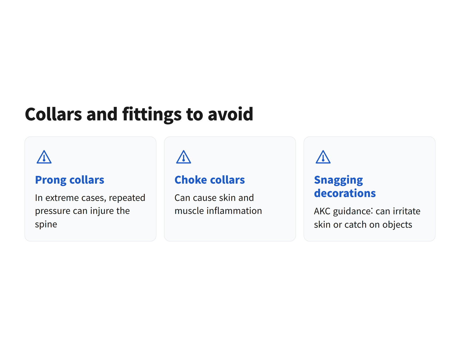 image A card panel listing prong collars, choke collars and snagging decorations as collar types to avoid, the first card reading In extreme cases, cervical spine injury