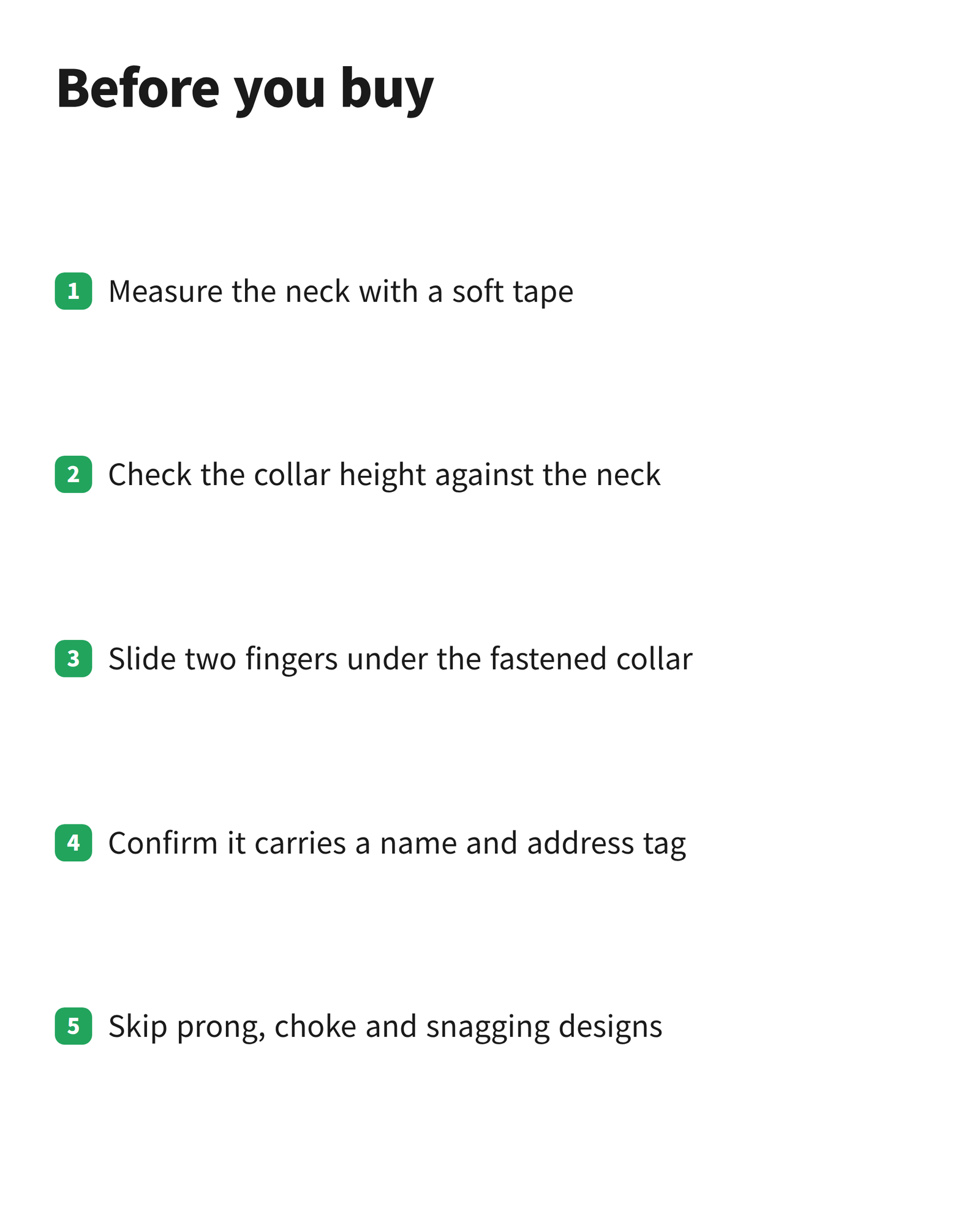image A five point checklist covering neck measurement, collar height, the two finger fit test and identification before buying a collar