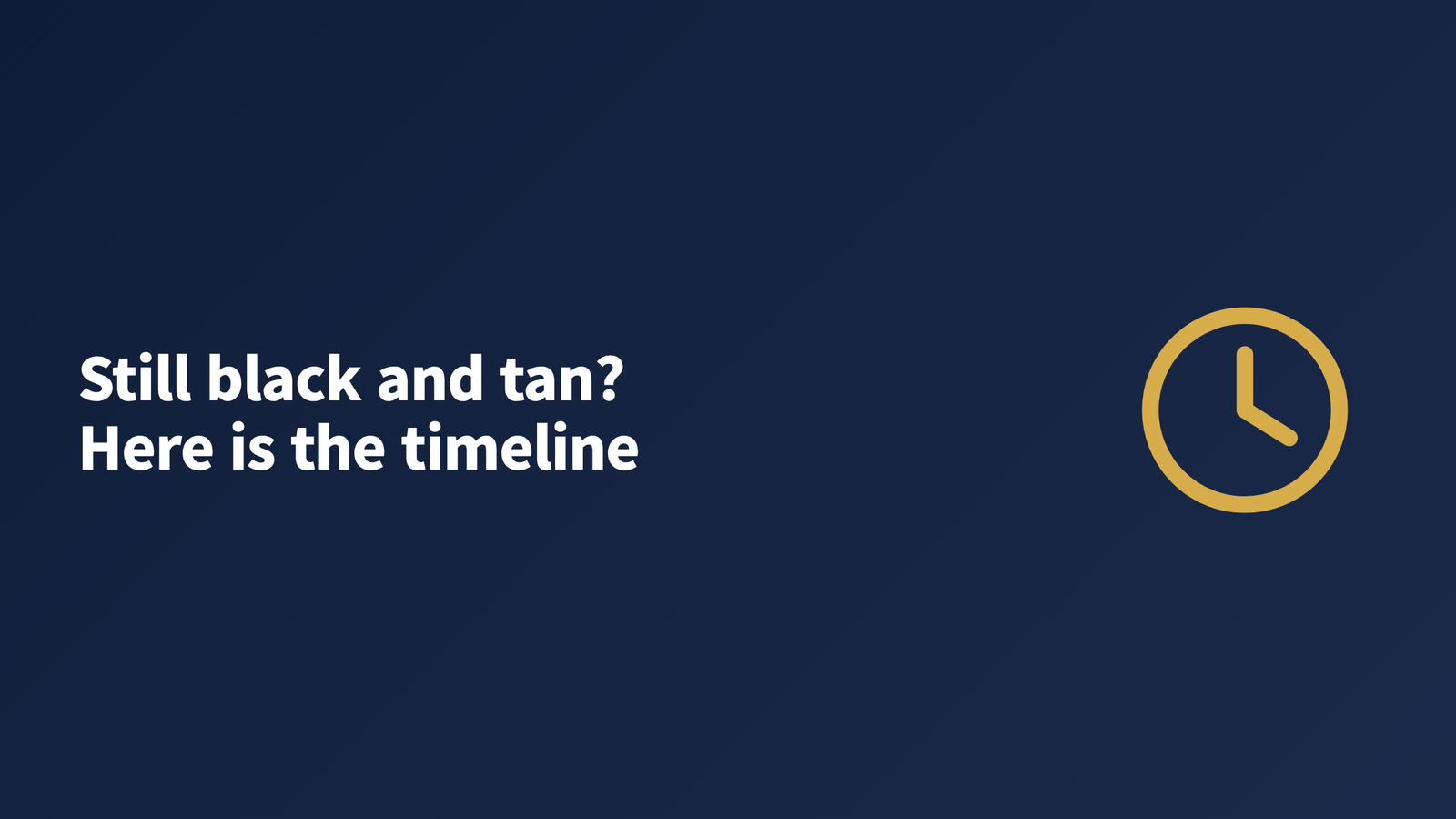 A dark navy graphic card reading "Still black and tan? Here is the timeline" beside a clock icon, introducing the Yorkshire Terrier coat color timeline