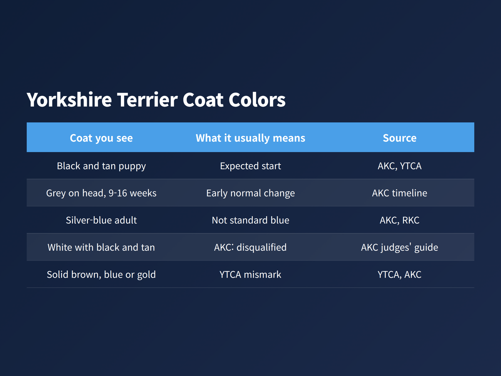 Table of five Yorkshire Terrier coat colors and what each one means under the breed standard