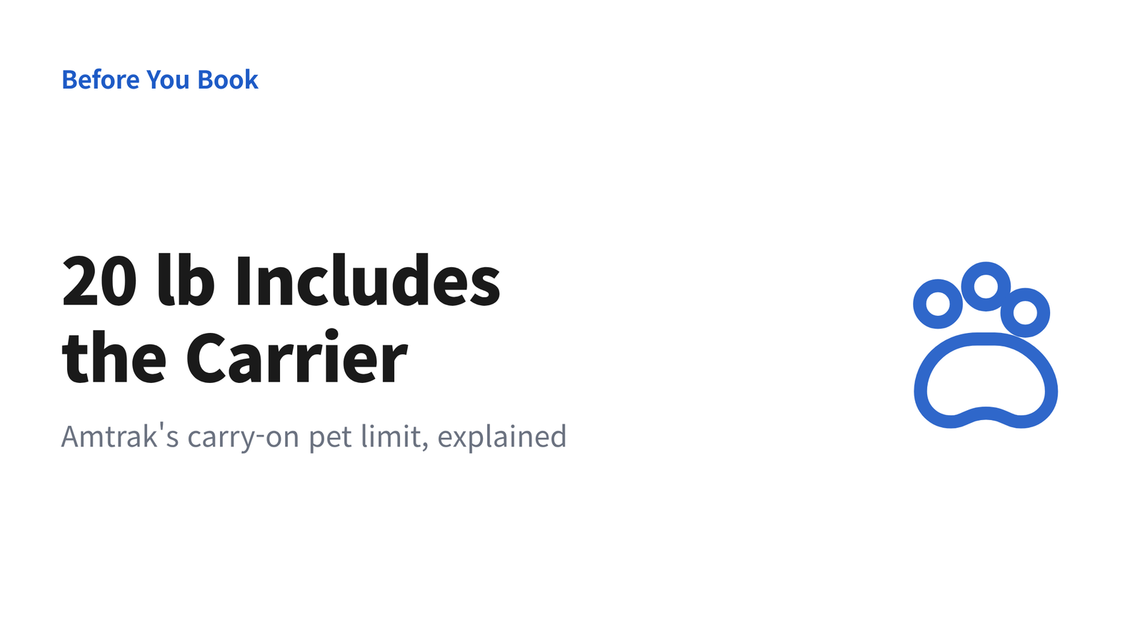 Text graphic reading "20 lb Includes the Carrier," with a paw icon and the subhead explaining that Amtrak's carry-on pet limit covers the dog and carrier combined