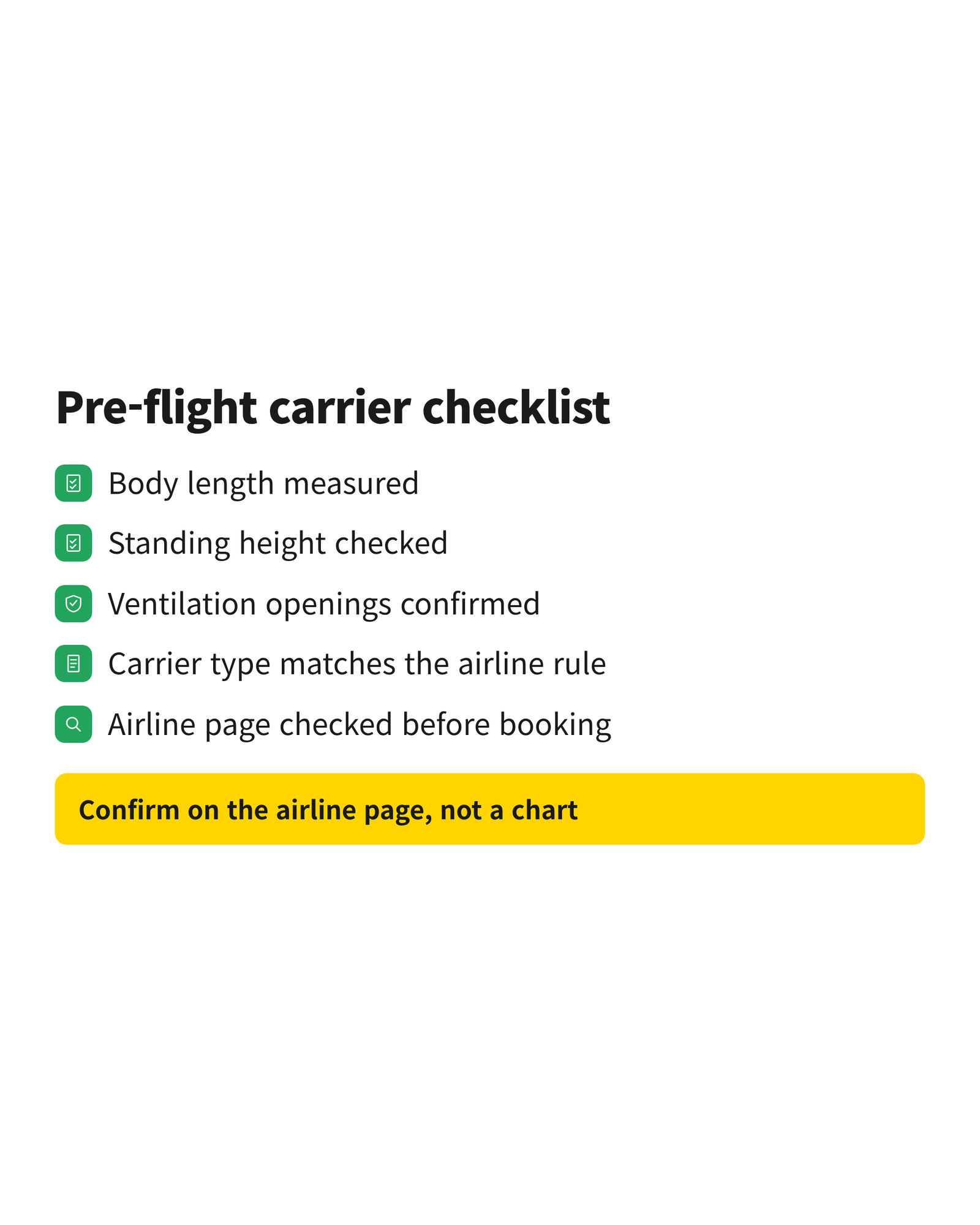 image Pre-flight checklist covering length, height, ventilation, carrier type and airline confirmation