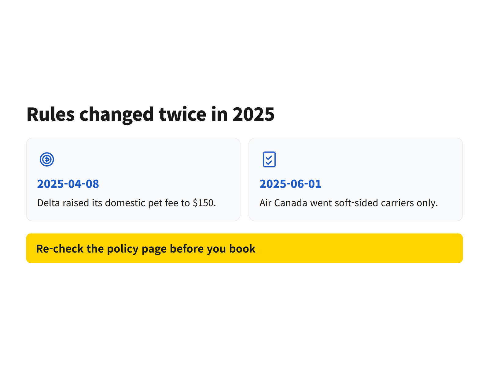 image Reminder graphic showing that airline pet rules changed twice in 2025, on 2025-04-08 and 2025-06-01, and should be rechecked before booking