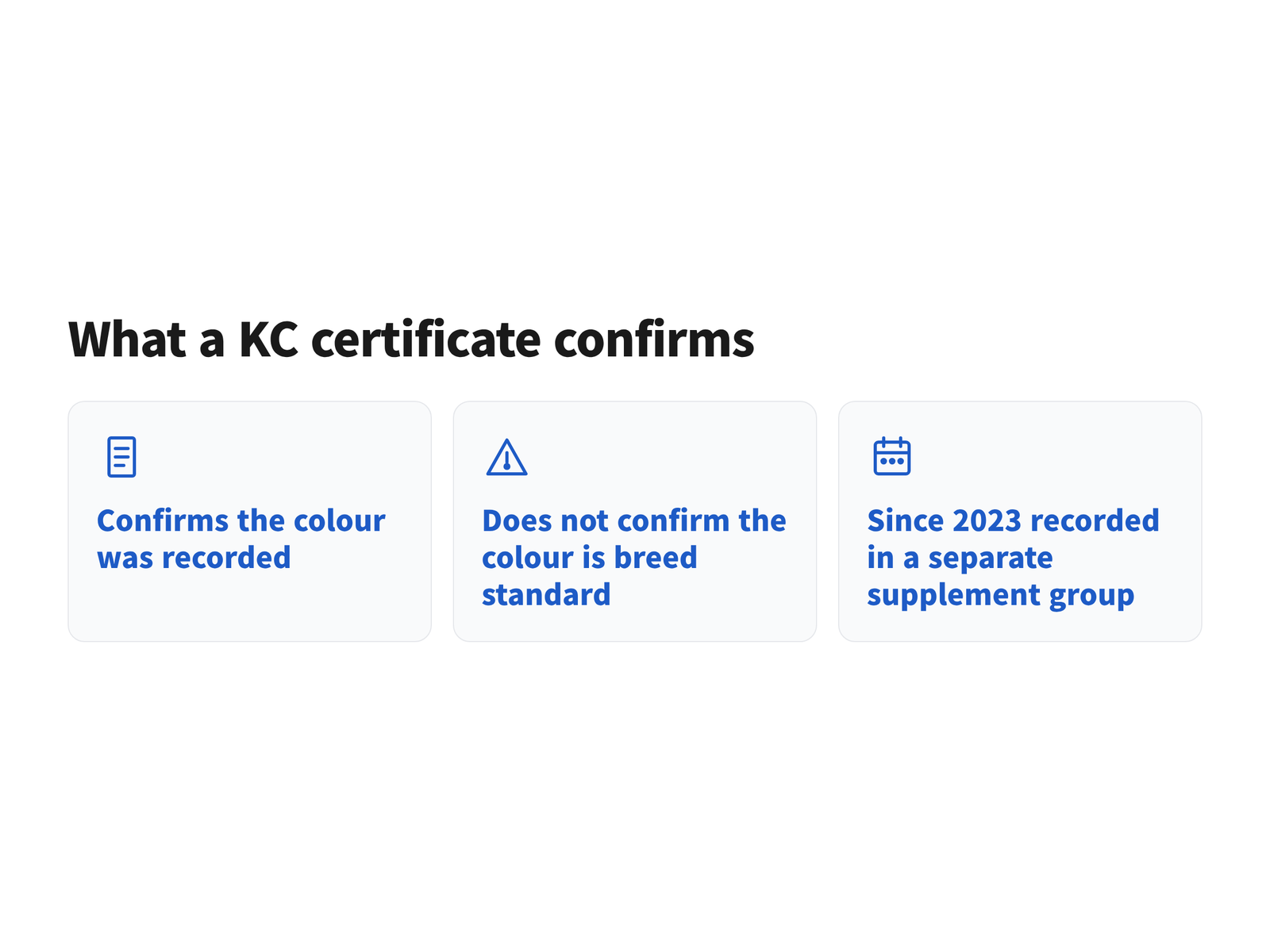 A card set explaining what a Kennel Club registration certificate does and does not confirm about a dachshund coat colour