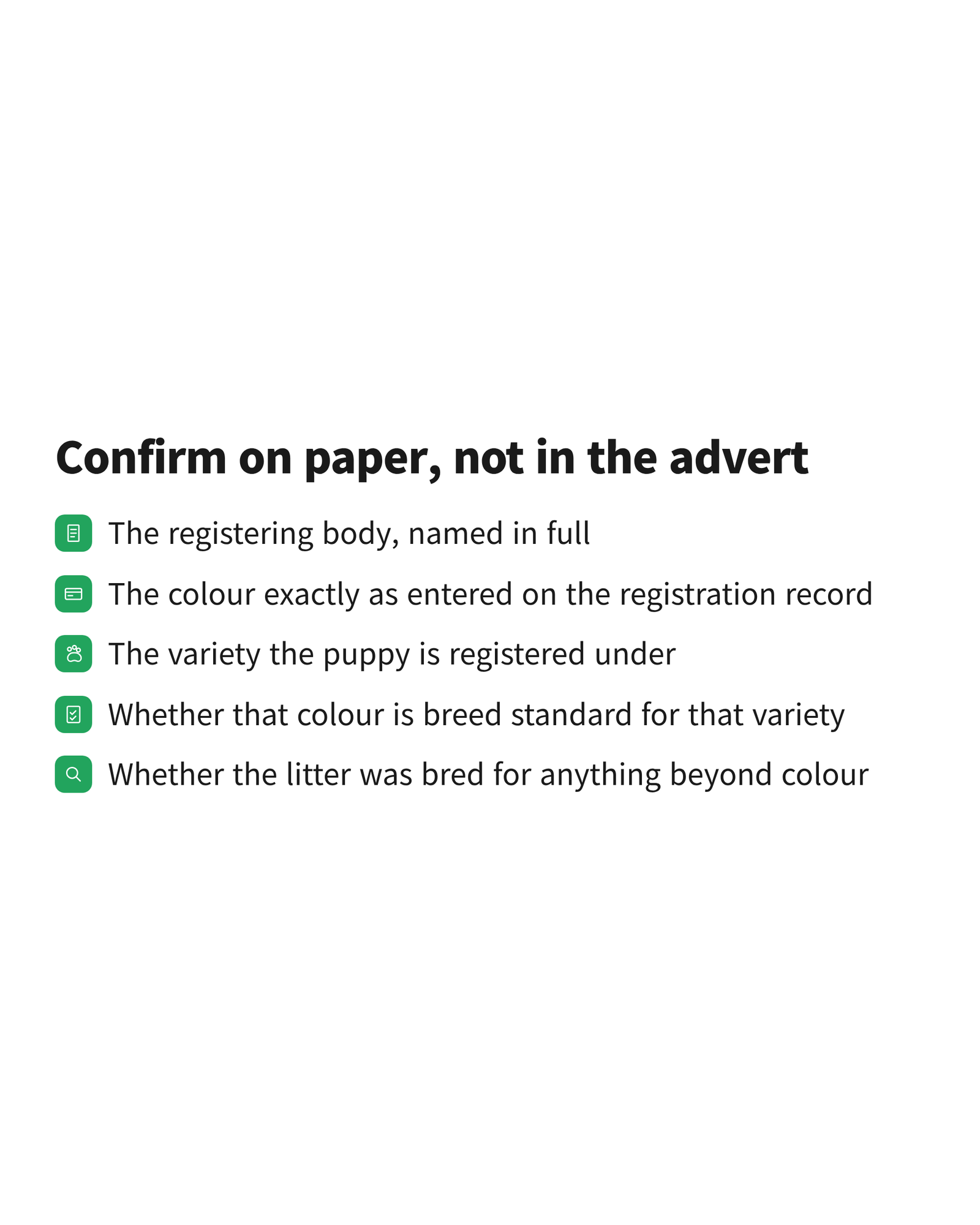 A checklist of five items a dachshund puppy buyer should confirm on the registration paperwork before paying