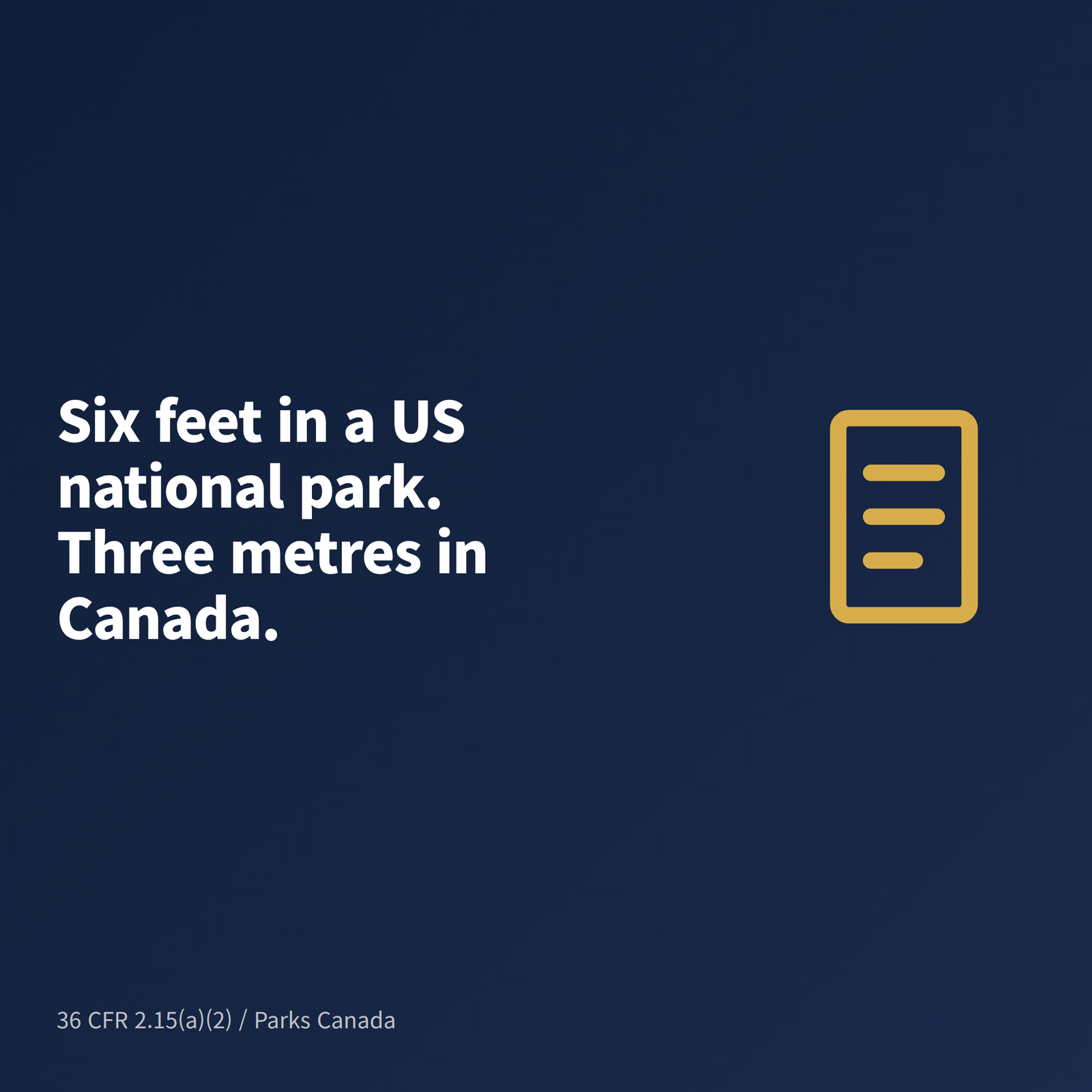 A comparison of the six foot leash limit in United States national parks with the three metre limit in Parks Canada sites
