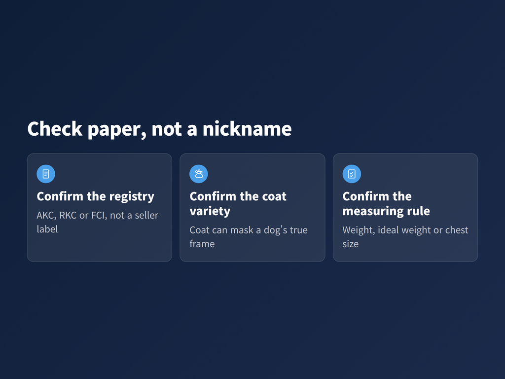 A three-step sequence for checking a dachshund's registry, coat variety and published measuring rule instead of a size nickname