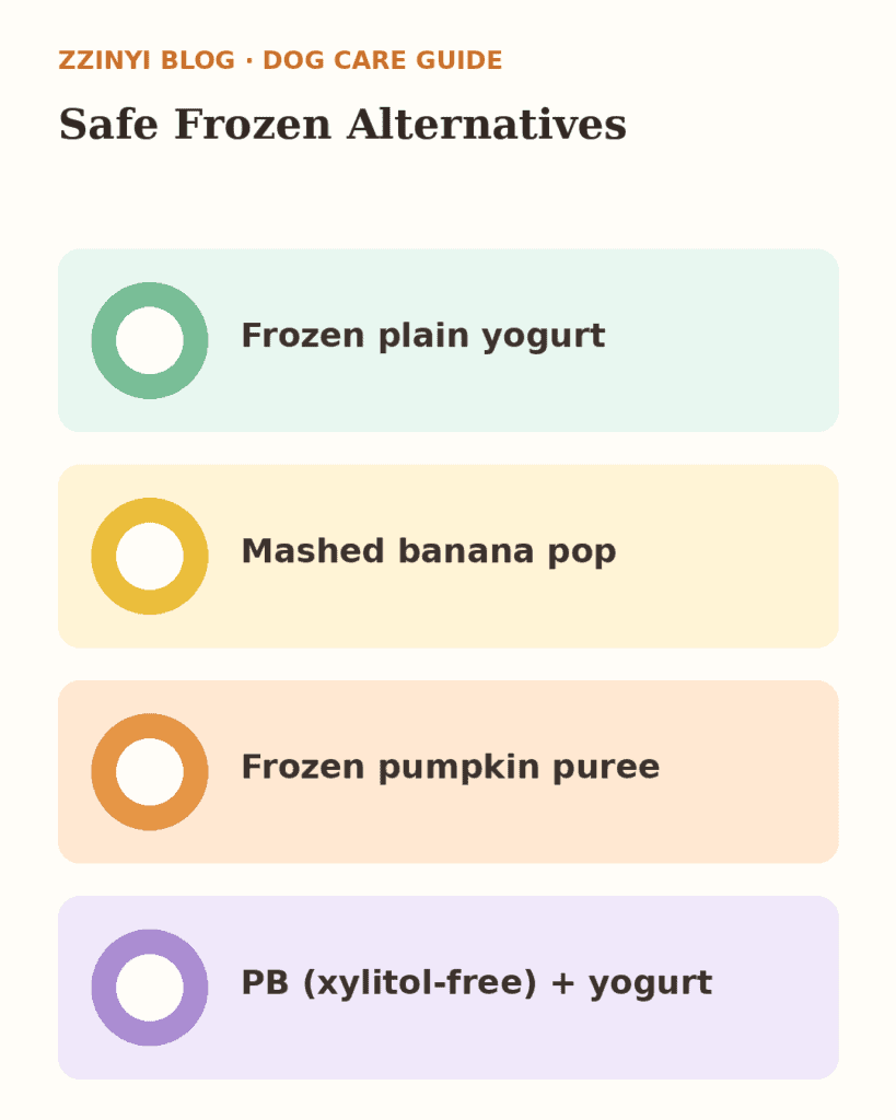 Illustration listing safe frozen treat alternatives: yogurt, banana, pumpkin, peanut butter