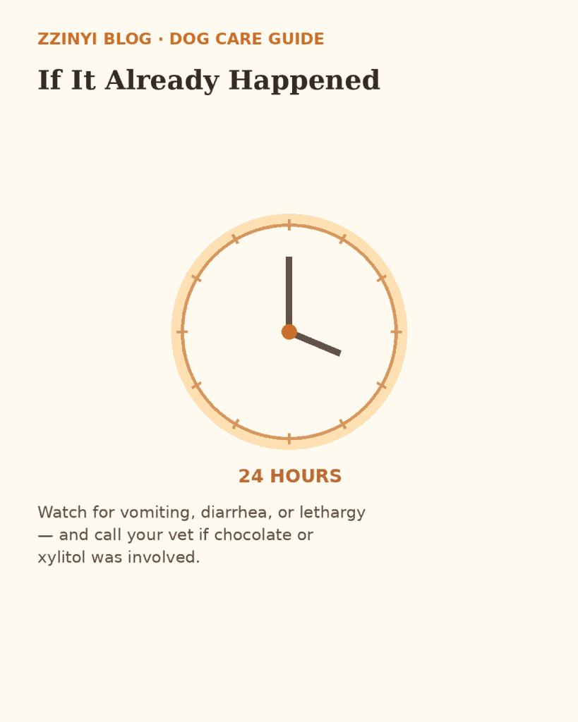 Illustration of a clock reminding owners to watch a dog for 24 hours after eating ice cream