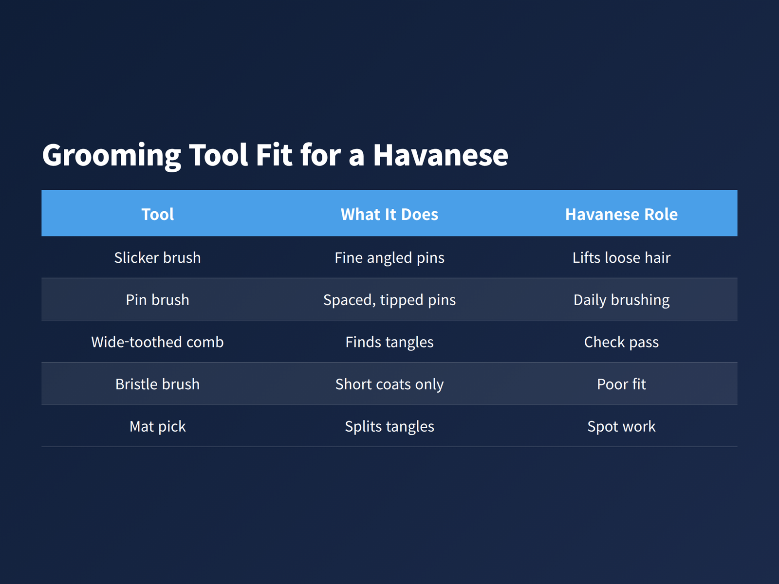 Five grooming tools compared by how each one suits a long silky Havanese coat