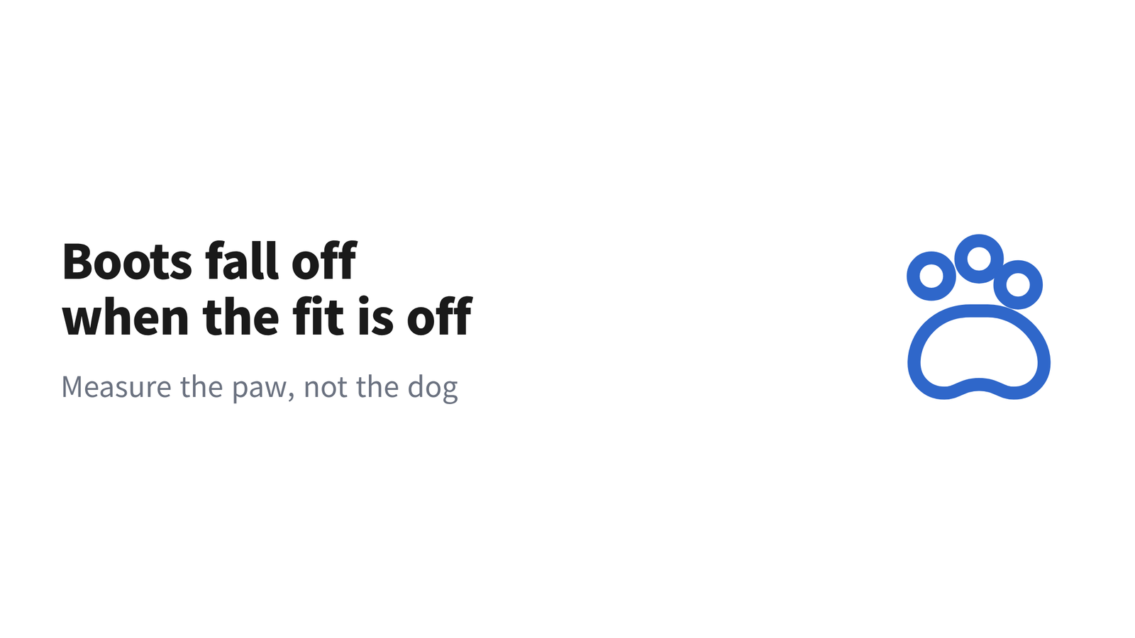 Headline slide reading Boots fall off when the fit is off, measure the paw, not the dog