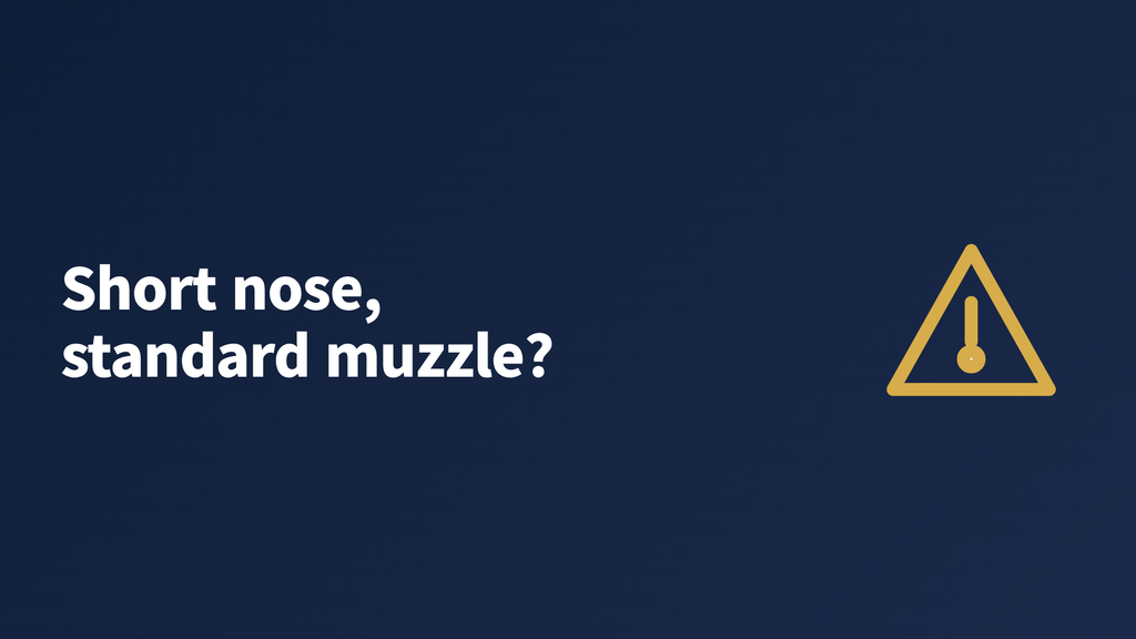 image Dark blue graphic reading "Short nose, standard muzzle?" next to a warning icon, introducing the sizing mismatch between flat-faced small dogs and standard basket muzzles