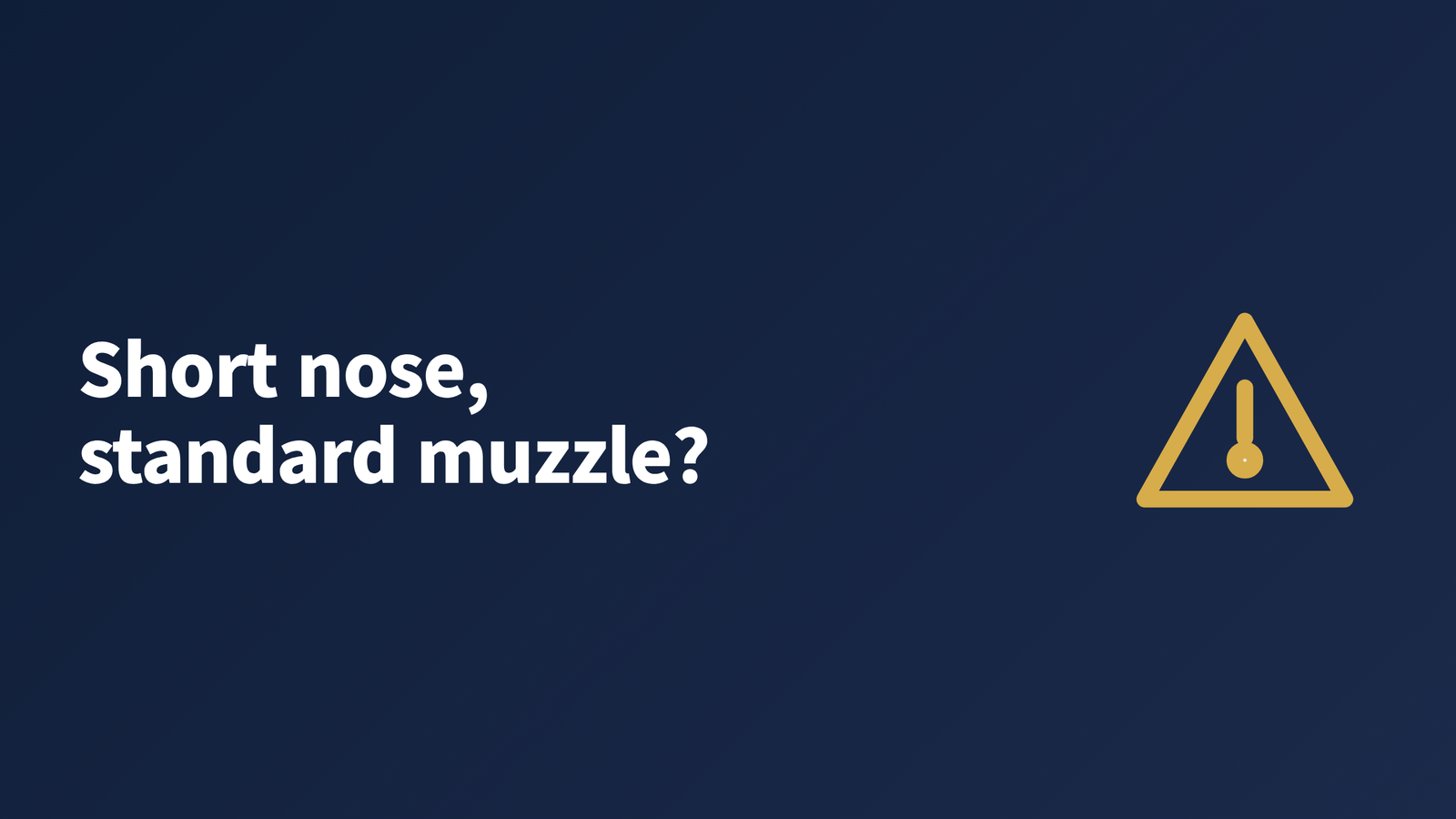 Dark blue graphic reading "Short nose, standard muzzle?" next to a warning icon, introducing the sizing mismatch between flat-faced small dogs and standard basket muzzles