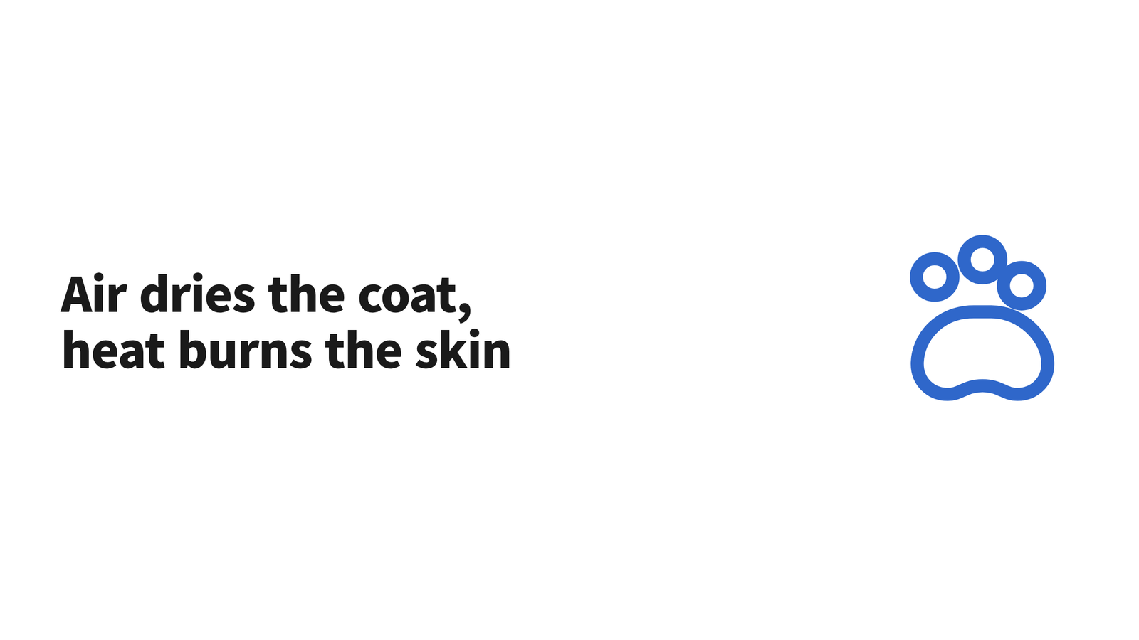 Illustration with the text 'Air dries the coat, heat burns the skin' next to a paw icon